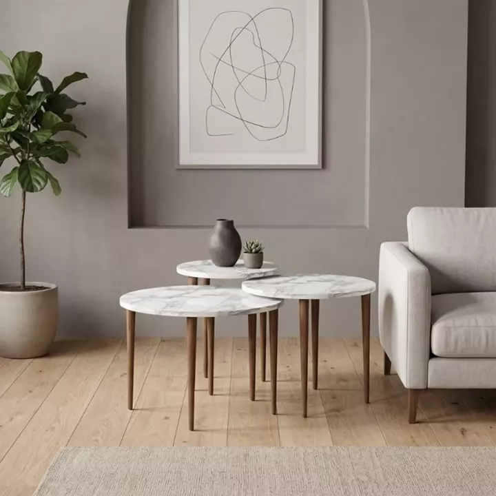 Τραπεζάκι σαλονιού σετ 3 τμχ Nola Megapap χρώμα λευκό εφέ μαρμάρου Ø60x46εκ.