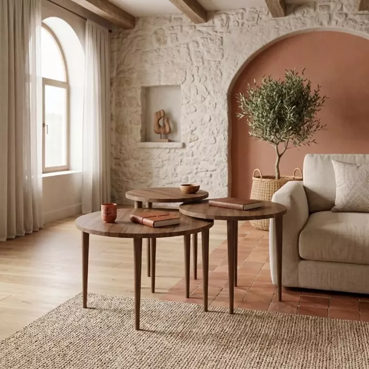 Τραπεζάκι σαλονιού σετ 3 τμχ Nola Megapap χρώμα καρυδί Ø60x46εκ.