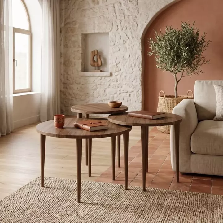 Τραπεζάκι σαλονιού σετ 3 τμχ Nola Megapap χρώμα καρυδί Ø60x46εκ.