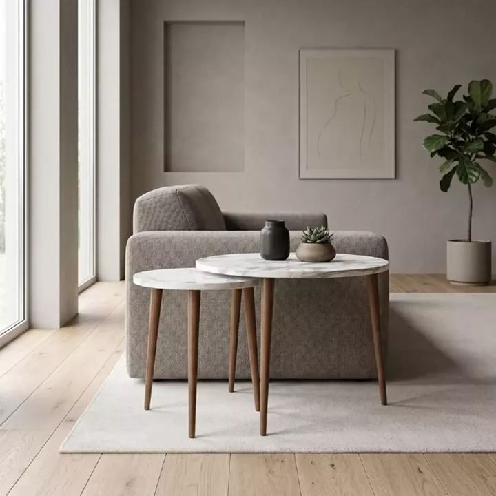 Τραπεζάκι σαλονιού σετ 2 τμχ Nola Megapap χρώμα λευκό εφέ μαρμάρου Ø60x46εκ.