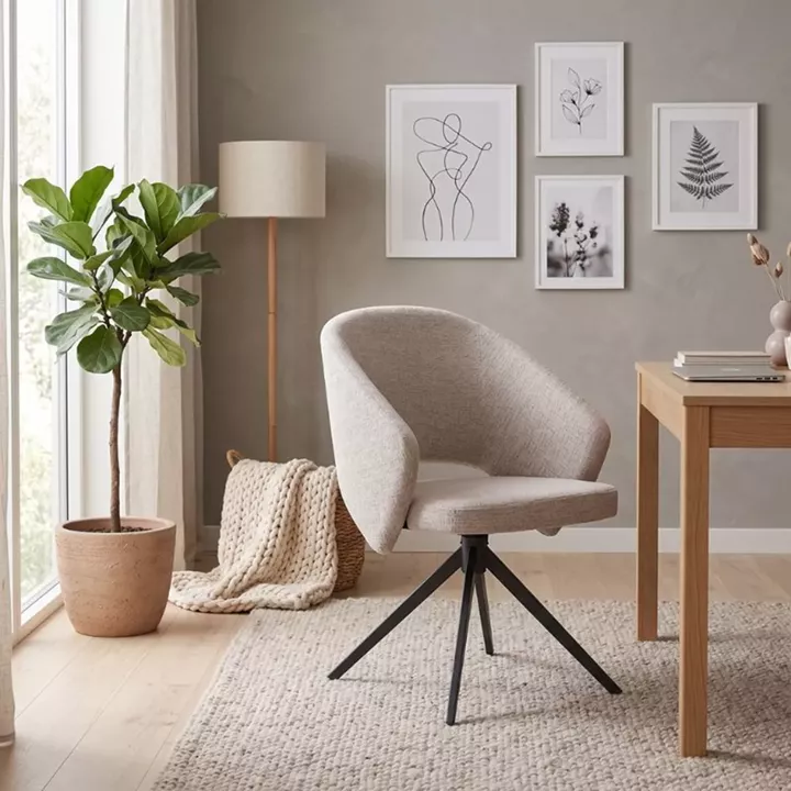 Πολυθρόνα τραπεζαρίας Milano Megapap περιστρεφόμενη χρώμα ανοιχτό μπεζ ύφασμα - μεταλλικό μαύρο πόδι 64x64x83εκ.