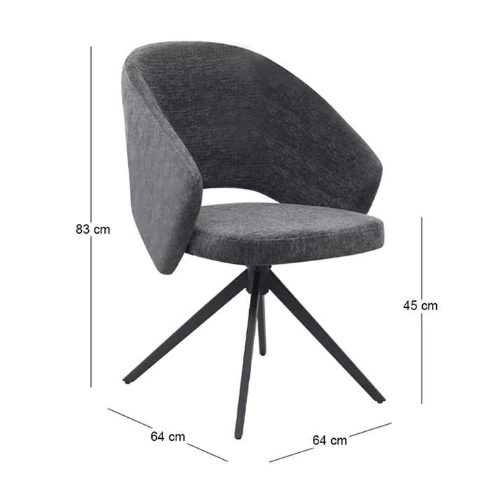 Πολυθρόνα τραπεζαρίας Milano Megapap περιστρεφόμενη χρώμα ανθρακί ύφασμα - μεταλλικό μαύρο πόδι 64x64x83εκ.