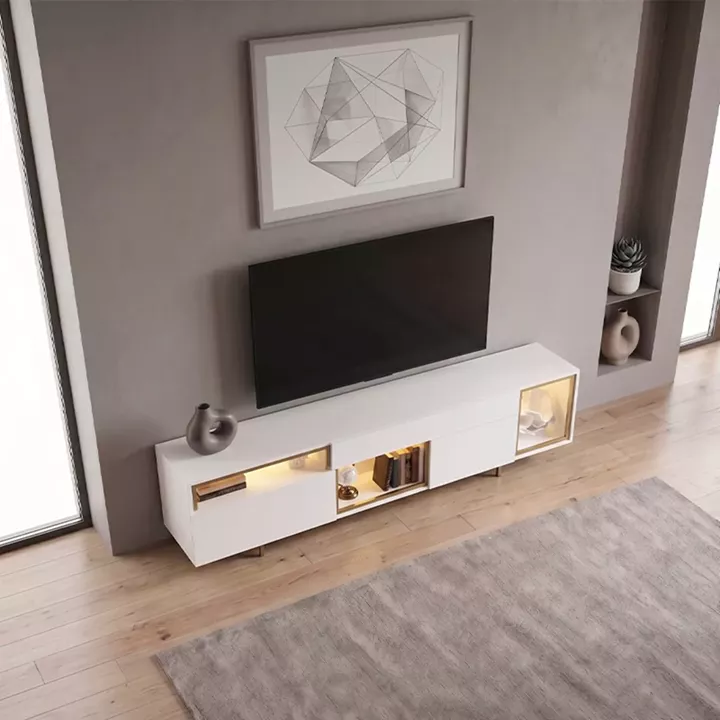 Έπιπλο τηλεόρασης Norm Megapap με Led Rgb χρώμα λευκό - χρυσό 180x32x55εκ.