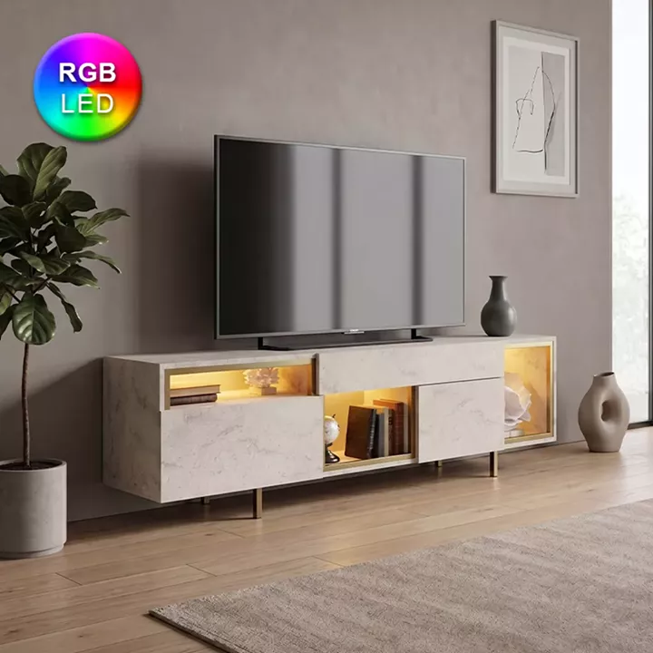 Έπιπλο τηλεόρασης Norm Megapap με Led Rgb χρώμα travertine - χρυσό 180x32x55εκ.