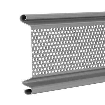 Γκρι διάτρητο φύλλο ρολού λαμαρίνας για ρολά ασφαλείας, με οπές για αερισμό και μερική ορατότητα.