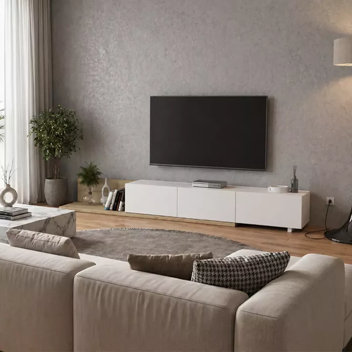 Έπιπλο τηλεόρασης Enstey Megapap επεκτεινόμενο χρώμα sapphire oak - λευκό 260x41,8x33,5εκ.