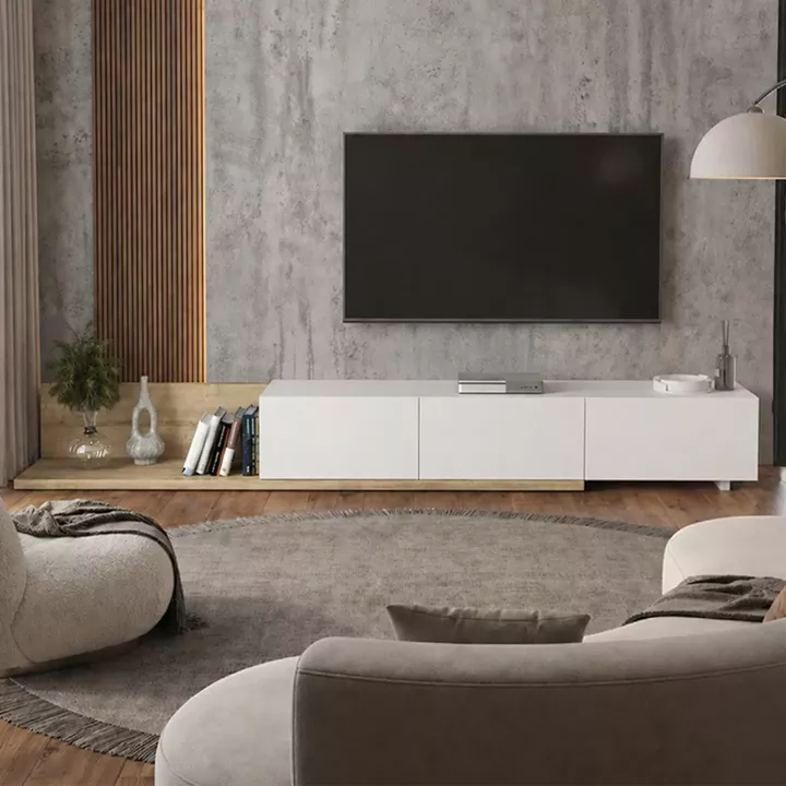 Έπιπλο τηλεόρασης Enstey Megapap επεκτεινόμενο χρώμα sapphire oak - λευκό 260x41,8x33,5εκ.