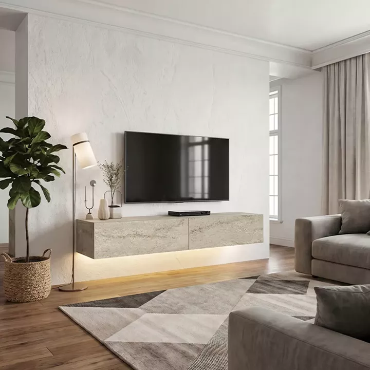 Έπιπλο τηλεόρασης επιτοίχιο Aristo Megapap με LED χρώμα travertine 135x31,6x25εκ.