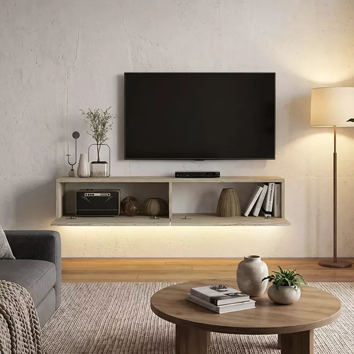 Έπιπλο τηλεόρασης επιτοίχιο Aristo Megapap με LED χρώμα travertine 135x31,6x25εκ.