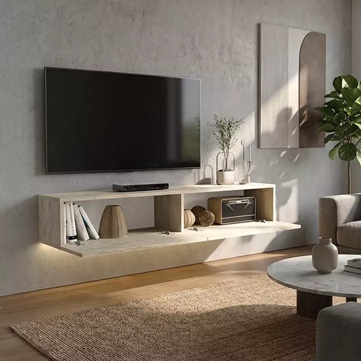 Έπιπλο τηλεόρασης επιτοίχιο Aristo Megapap με LED χρώμα travertine 135x31,6x25εκ.