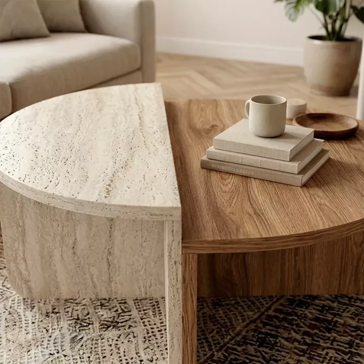 Τραπεζάκι σαλονιού Aloeva Megapap χρώμα καρυδί Ud - travertine Ø90x37εκ.