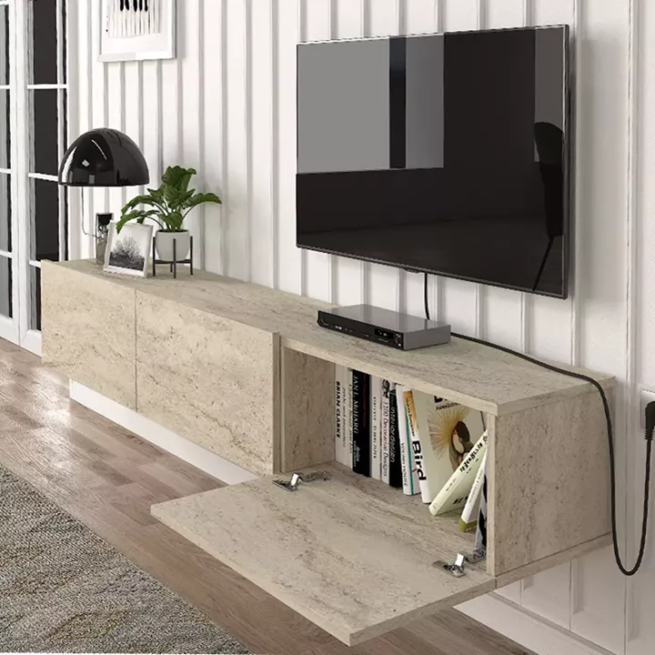 Έπιπλο τηλεόρασης επιτοίχιο Damla Megapap με LED χρώμα travertine 180x29,5x29,5εκ.