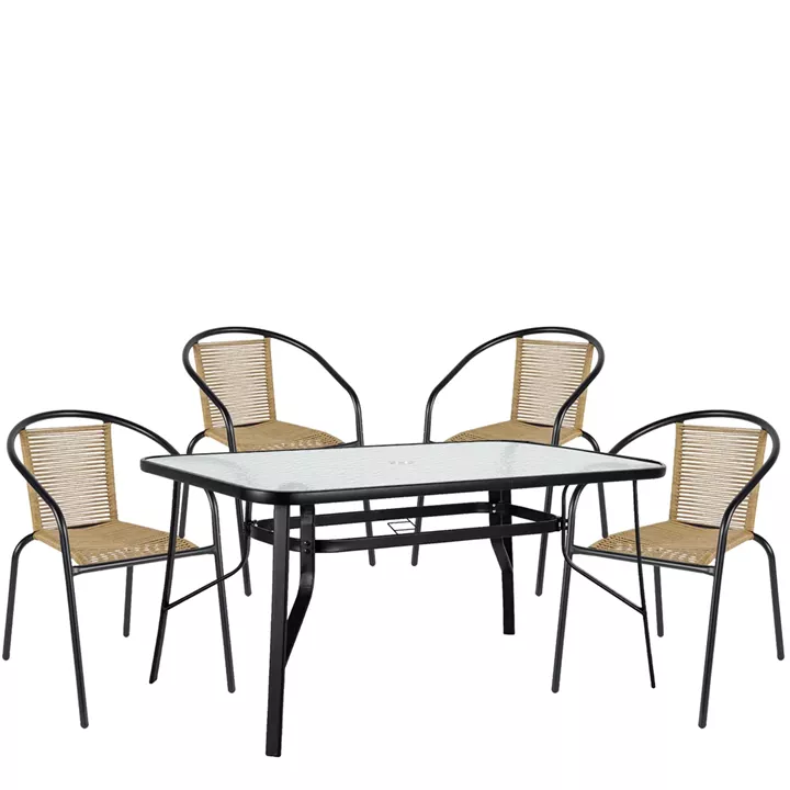 Σετ Τραπεζαρία Κήπου ArteLibre SUN Μαύρο/Φυσικό Rattan/Γυαλί/Μέταλλο Με 4 Πολυθρόνες 14990591