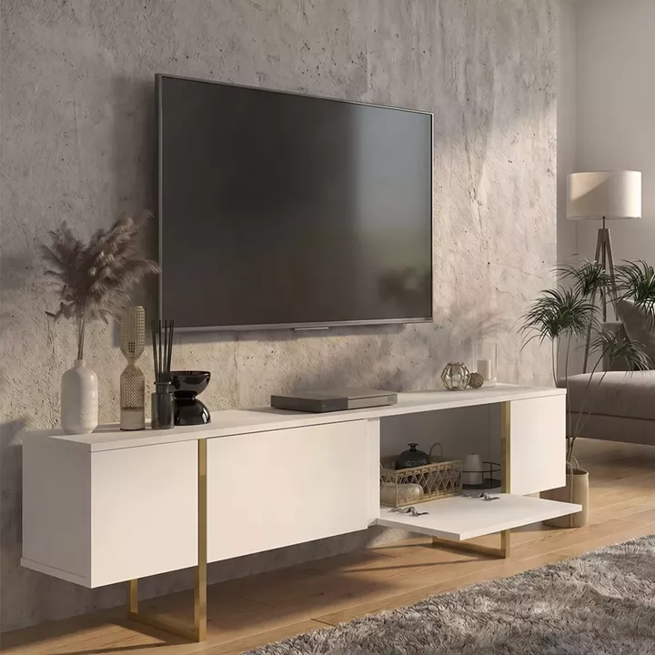Έπιπλο τηλεόρασης Orontes Megapap χρώμα λευκό - χρυσό 180x29,6x50εκ.