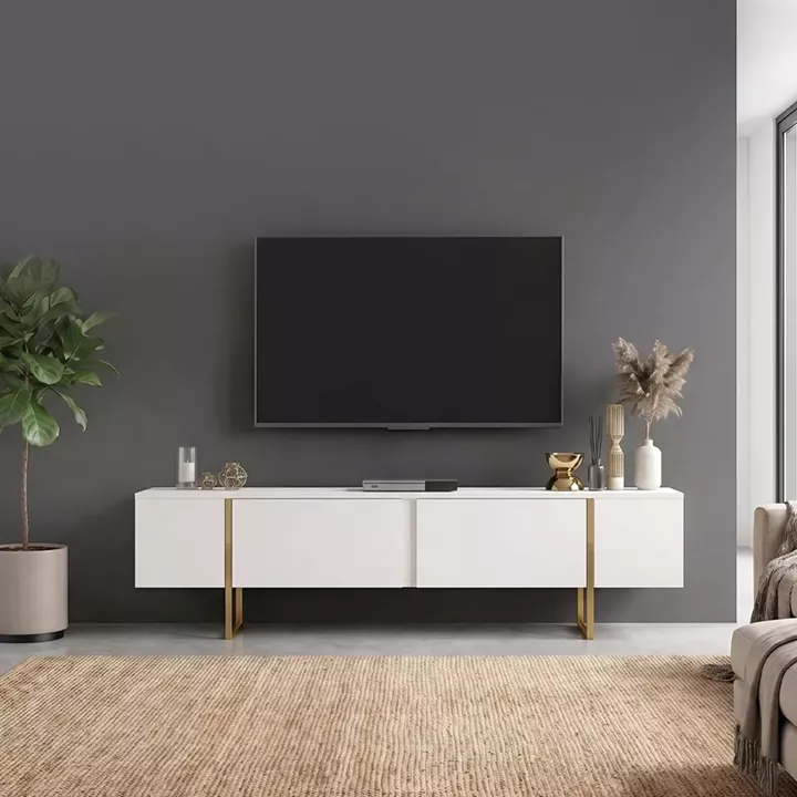 Έπιπλο τηλεόρασης Orontes Megapap χρώμα λευκό - χρυσό 180x29,6x50εκ.