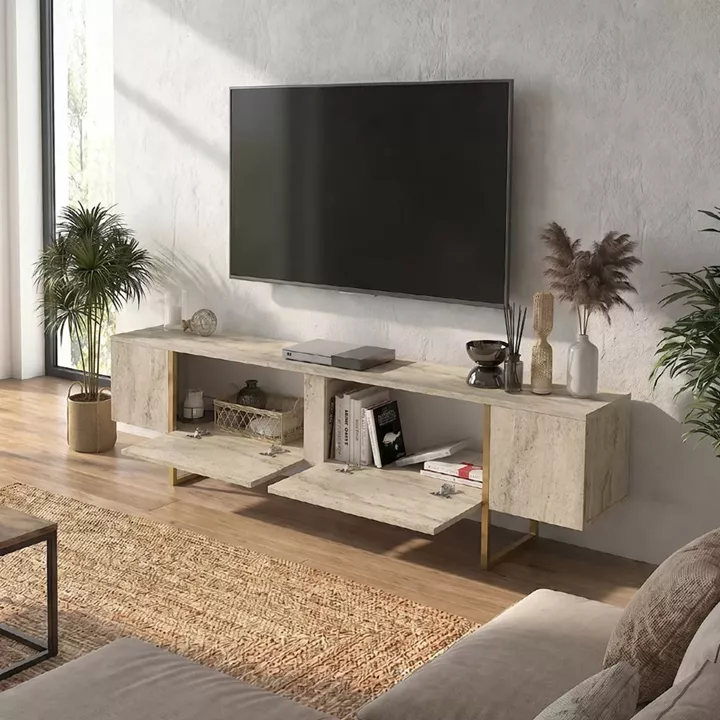 Έπιπλο τηλεόρασης Orontes Megapap χρώμα travertine - χρυσό 180x29,6x50εκ.