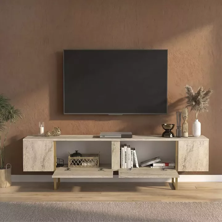 Έπιπλο τηλεόρασης Orontes Megapap χρώμα travertine - χρυσό 180x29,6x50εκ.
