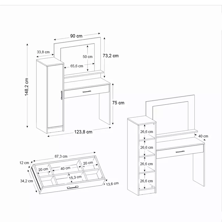 Τουαλέτα με καθρέπτη Kaunos Megapap χρώμα λευκό 123,8x40x148,2εκ.