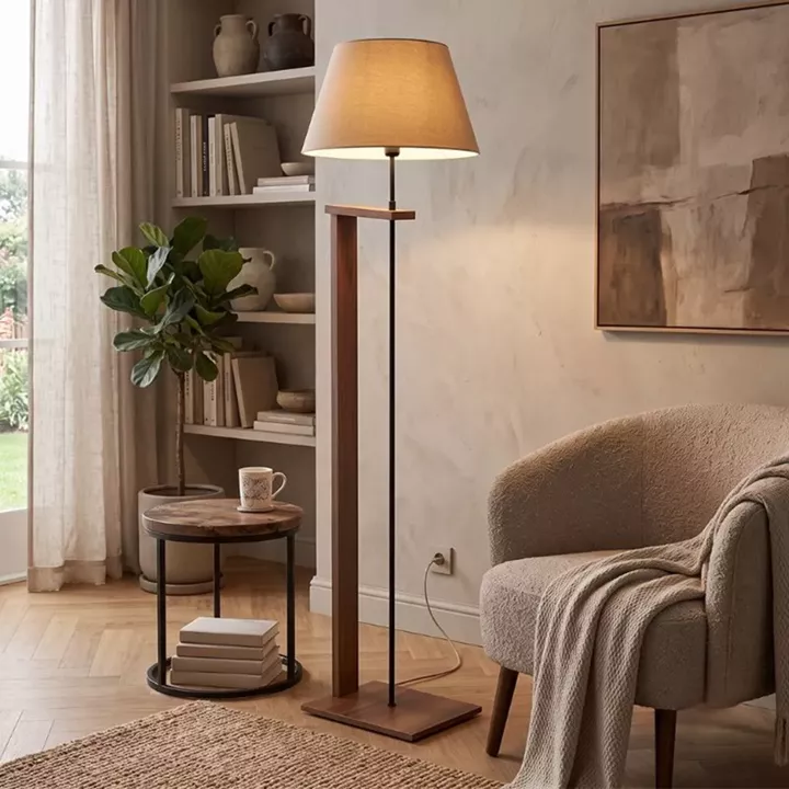 Φωτιστικό δαπέδου Moris Megapap MDF - ύφασμα PVC χρώμα καρυδί - μπεζ Φ38x150εκ.