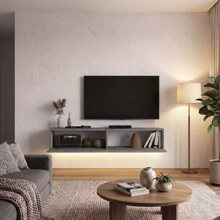 Έπιπλο τηλεόρασης επιτοίχιο Aristo Megapap με LED χρώμα γκρι σκυροδέματος 135x31,6x25εκ.