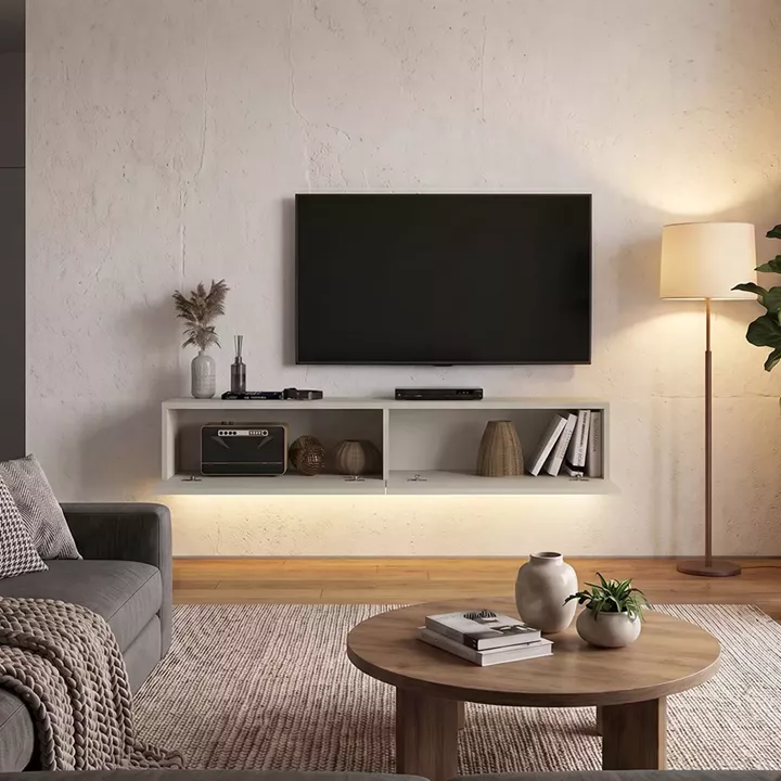 Έπιπλο τηλεόρασης επιτοίχιο Aristo Megapap με LED χρώμα sandstone 135x31,6x25εκ.