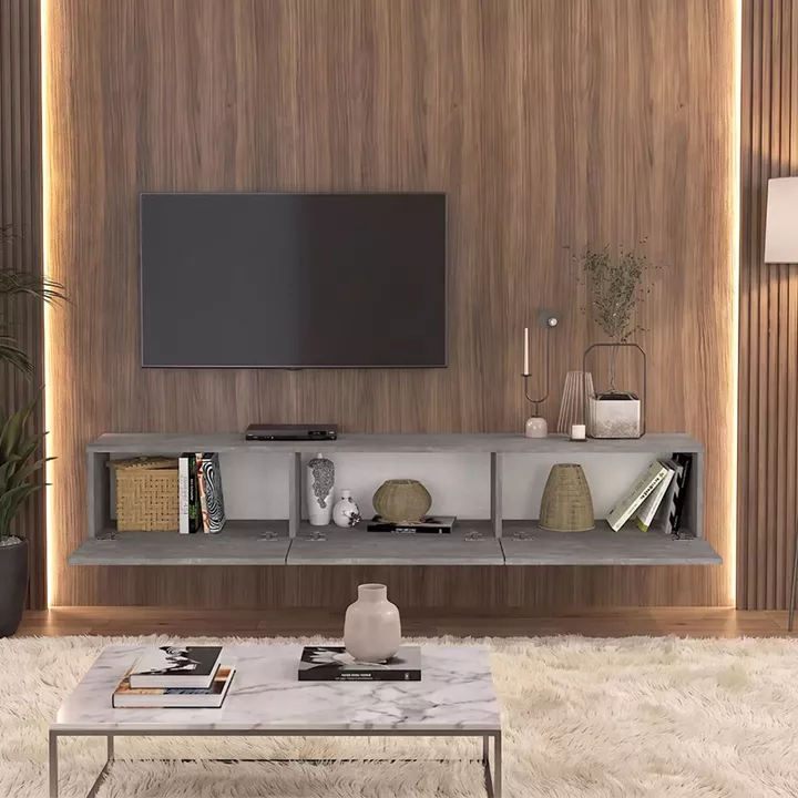 Έπιπλο τηλεόρασης επιτοίχιο Damla Megapap με LED χρώμα γκρι σκυροδέματος 180x29,5x29,5εκ.