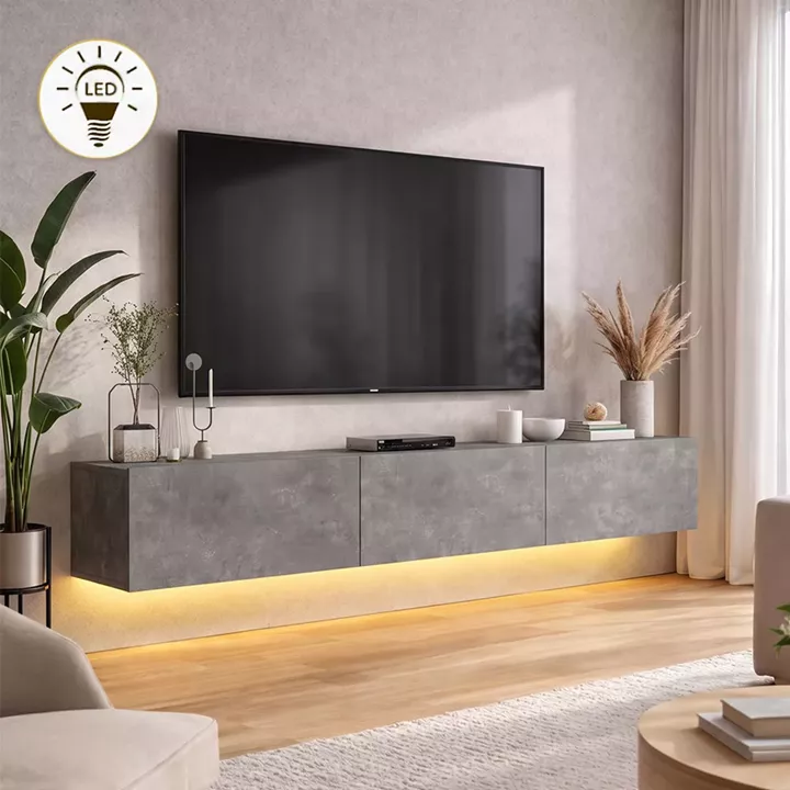Έπιπλο τηλεόρασης επιτοίχιο Damla Megapap με LED χρώμα γκρι σκυροδέματος 180x29,5x29,5εκ.