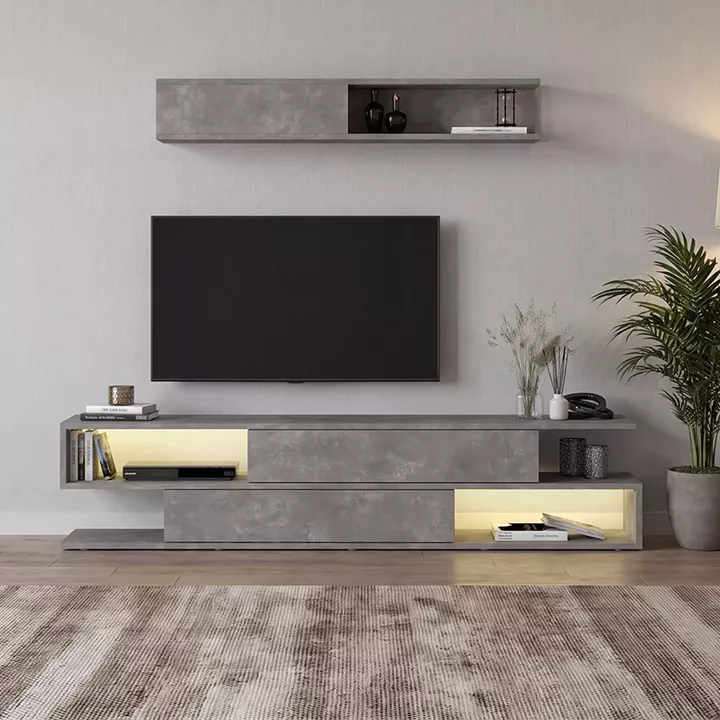 Σύνθεση τηλεόρασης Manet Megapap με LED χρώμα γκρι σκυροδέματος 180x29,5x39εκ.