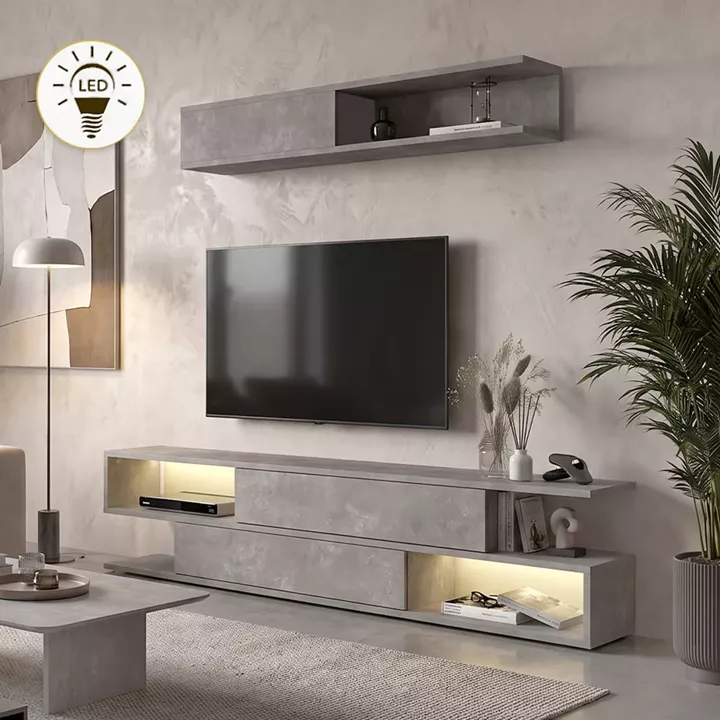 Σύνθεση τηλεόρασης Manet Megapap με LED χρώμα γκρι σκυροδέματος 180x29,5x39εκ.