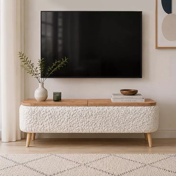 Έπιπλο τηλεόρασης Luno Megapap ύφασμα teddy χρώμα λευκό - pine oak 120x30x45εκ.