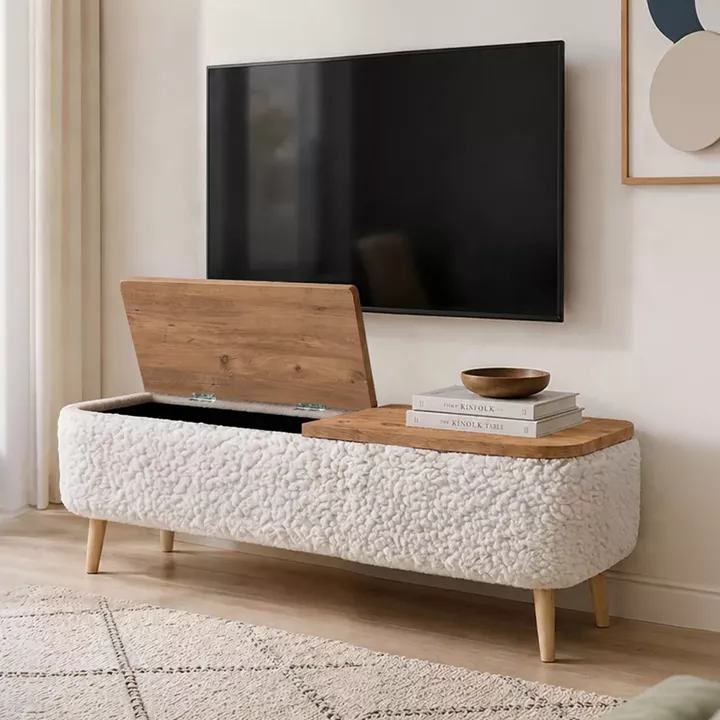 Έπιπλο τηλεόρασης Luno Megapap ύφασμα teddy χρώμα λευκό - pine oak 120x30x45εκ.