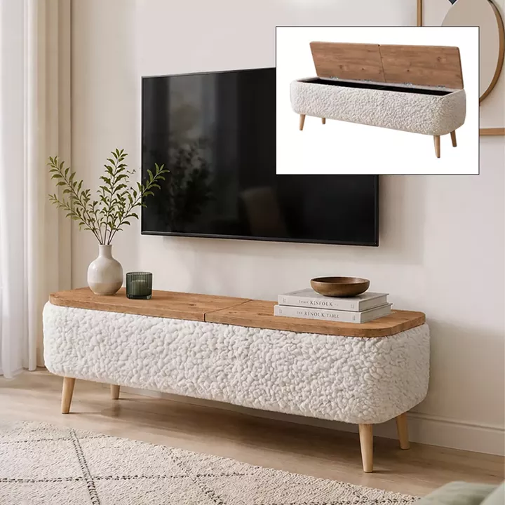 Έπιπλο τηλεόρασης Luno Megapap ύφασμα teddy χρώμα λευκό - pine oak 120x30x45εκ.