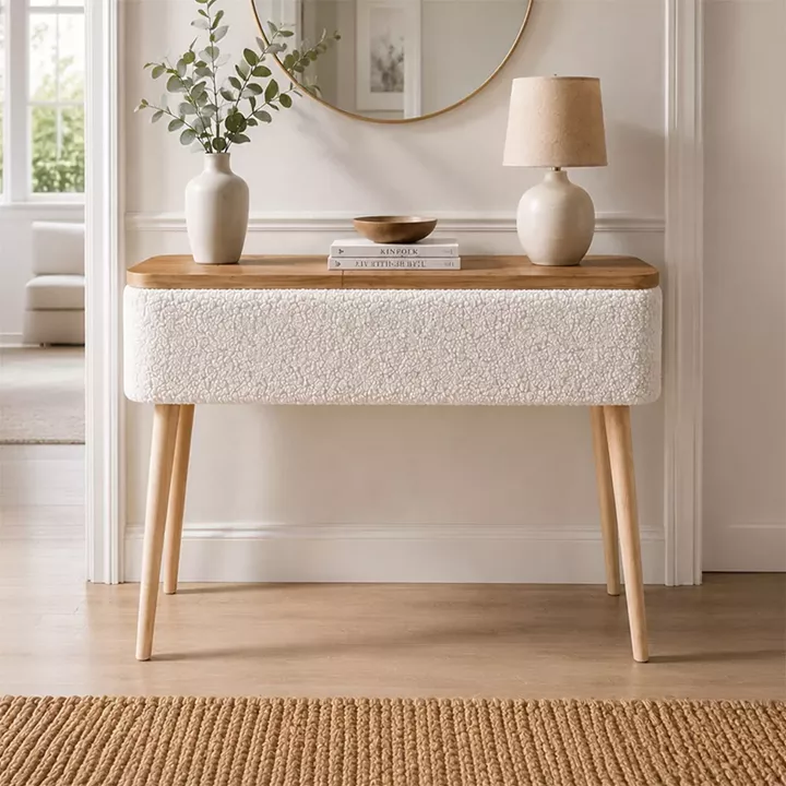 Κονσόλα Luno Megapap ύφασμα teddy χρώμα λευκό - pine oak 90x30x90εκ.