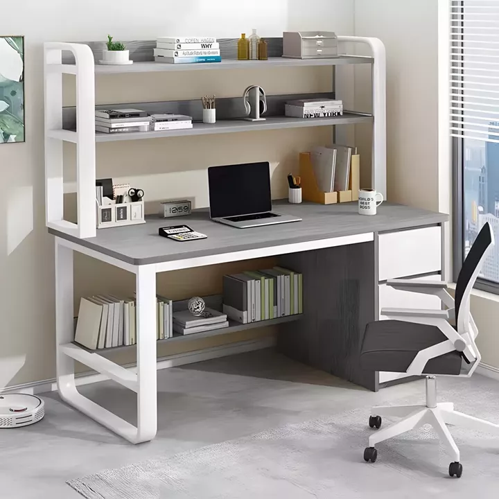 Γραφείο ArteLibre MERGELLUS Με Ράφια Γκρι/Λευκό MDF/Μέταλλο 120x50x147cm
