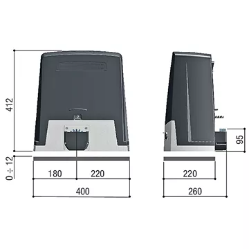 Διαστάσεις CAME BKV 2000, τεχνικό διάγραμμα εγκατάστασης σε mm, πλάγια όψη και κάτοψη, μοτέρ συρόμενης γκαραζόπορτας 36V με encoder, VBstore