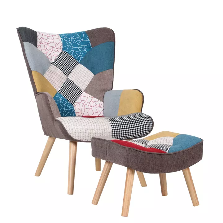 Πολυθρόνα Μπερζέρα Με Υποπόδιο ArteLibre BRIAR Patchwork Ύφασμα/Ξύλο 73x69x96cm