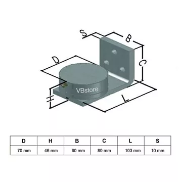 Διαστάσεις κάτω μεντεσές ρουλεμάν 7 cm με γωνιακό στήριγμα, για ανοιγόμενες θύρες έως 1800 kg, vbstore