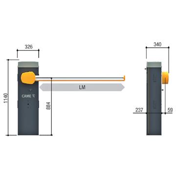 Διαστάσεις CAME GARD LS4 24V αυτόματης μπάρας, τεχνικό διάγραμμα εγκατάστασης με αναλυτικές μετρήσεις σε mm, όψεις πλάγια και κάτοψη.